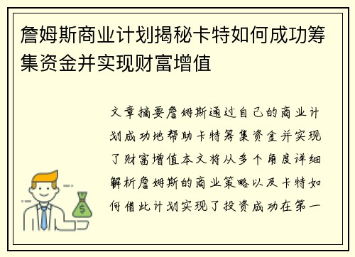 詹姆斯商业计划揭秘卡特如何成功筹集资金并实现财富增值