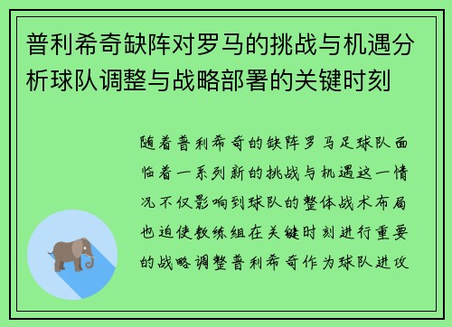 普利希奇缺阵对罗马的挑战与机遇分析球队调整与战略部署的关键时刻