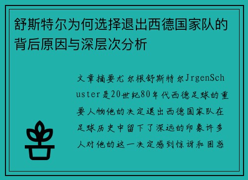 舒斯特尔为何选择退出西德国家队的背后原因与深层次分析