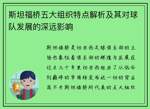 斯坦福桥五大组织特点解析及其对球队发展的深远影响 斯坦福桥五大组织特点解析及其对球队发展的深远影响